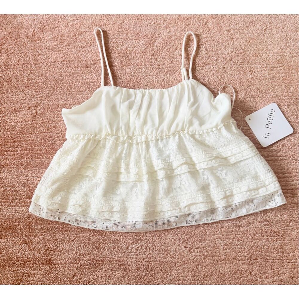 La Peche Lace Cami Tank Top Women M Ivory Adjustable Straps NWT